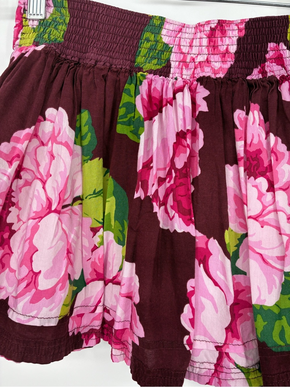 ABERCROMBIE & FITCH Floral Mini Skirt Smocked Waist Burgundy Pink S - Picture 7 of 13